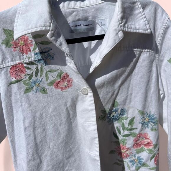 Vintage Alfred Dunner Floral Embroidered Jacket - Size M - White Denim Button Up - Picture 6 of 7